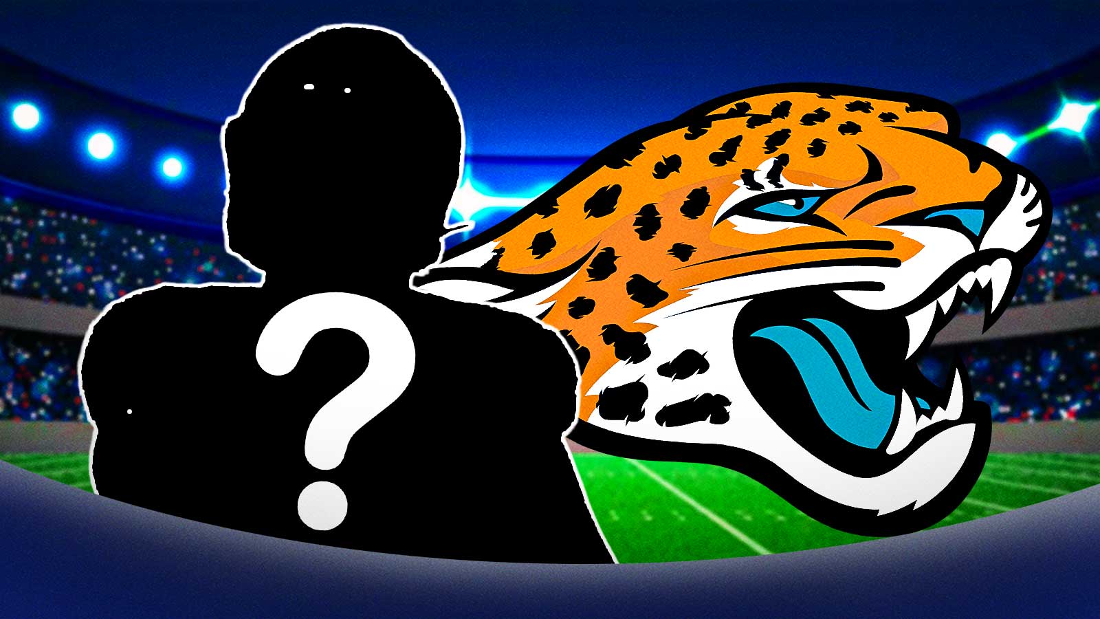 Silhouette of an American football player with a big question mark emoji inside. There is also a logo for the Jacksonville Jaguars in the background.