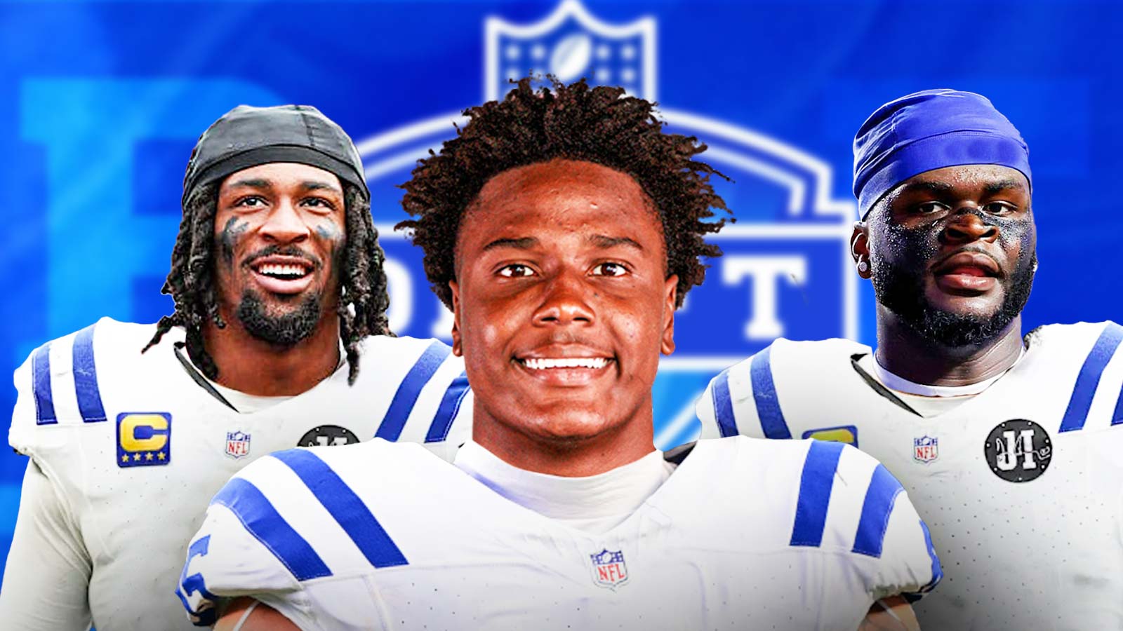 Zion Young, Omar Cooper Jr, Caleb Banks all beside each other in Indianapolis Colts uniforms, NFL Draft wallpaper in the background