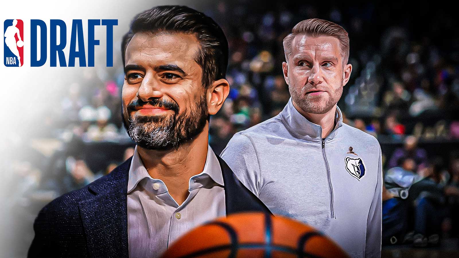 Grizzlies coach Tuomas Iisalo, EVP Zach Kleiman, NBA Draft logo