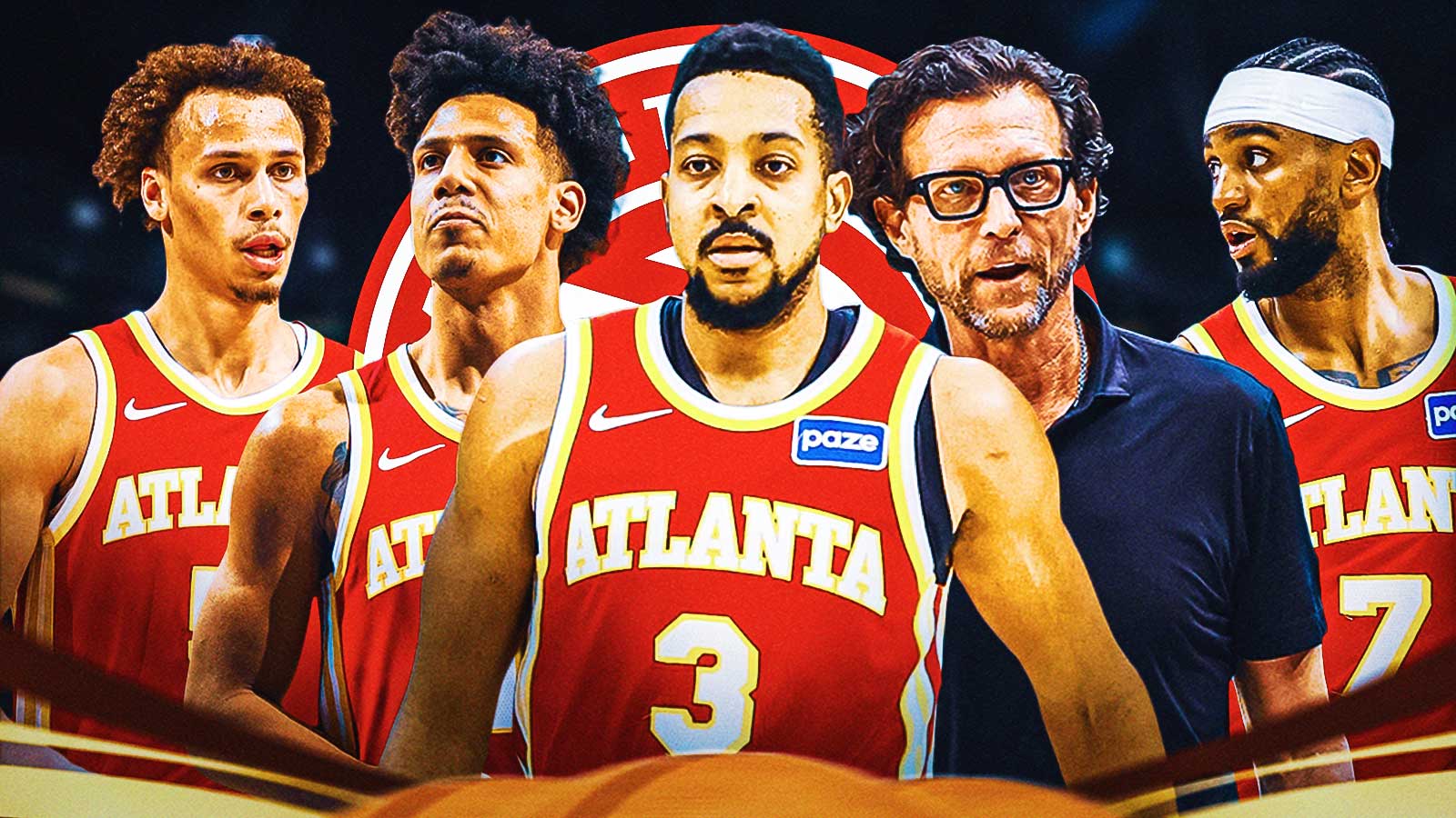 Jalen Johnson, CJ McCollum, Quin Snyder (foreground) Nickeil Alexander-Walker, Dyson Daniels (background) Hawks logo