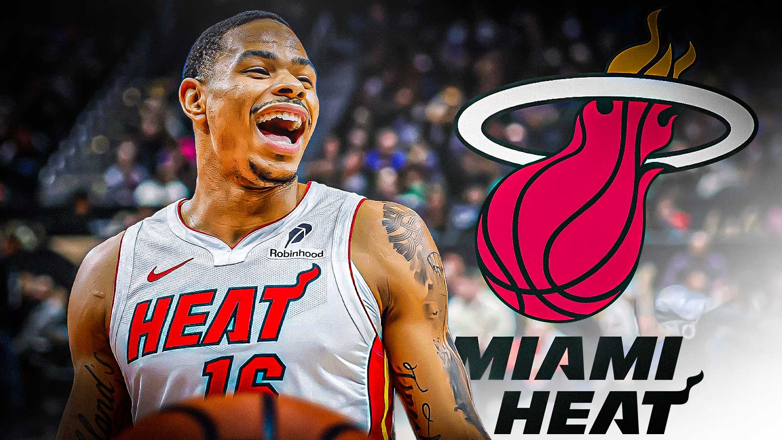 Miami Heat player Keshad Johnson with the Miami Heat logo in the background, All-Star Weekend