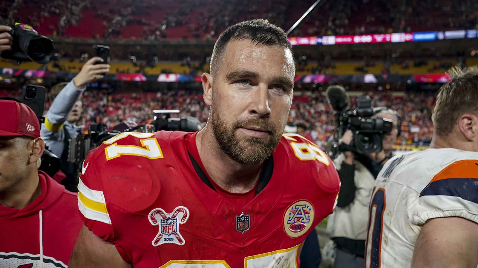 Dec 25, 2025; Kansas City, Missouri, USA; Kansas City Chiefs tight end Travis Kelce (87) after the game at GEHA Field at Arrowhead Stadium. Mandatory Credit: Denny Medley-Imagn Images