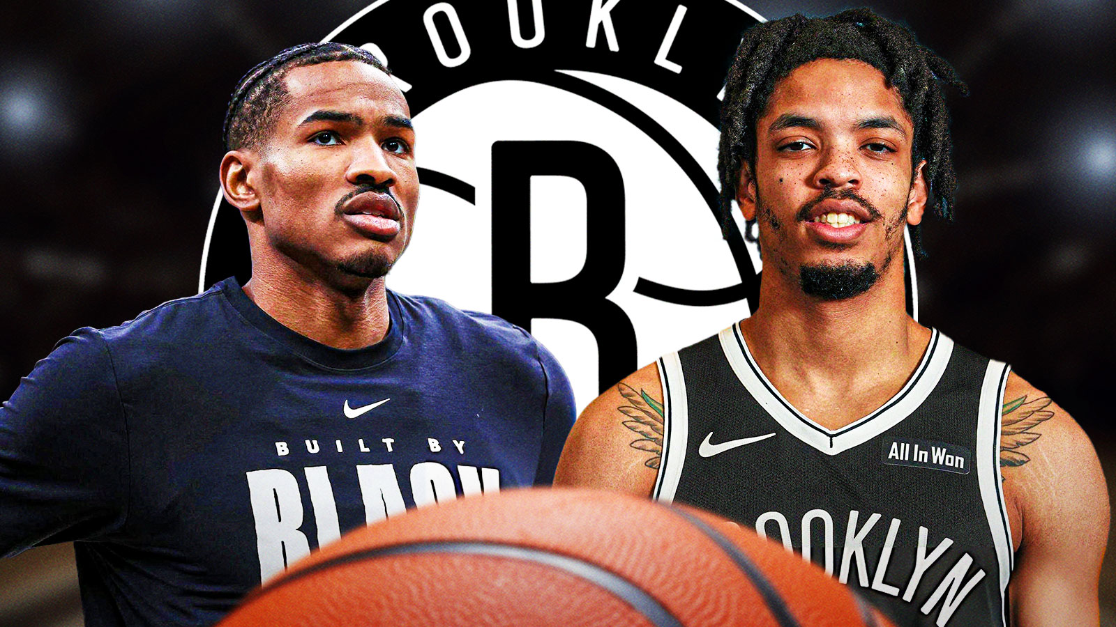 Josh Minott and Ochai Agbaji with a Nets logo in between them