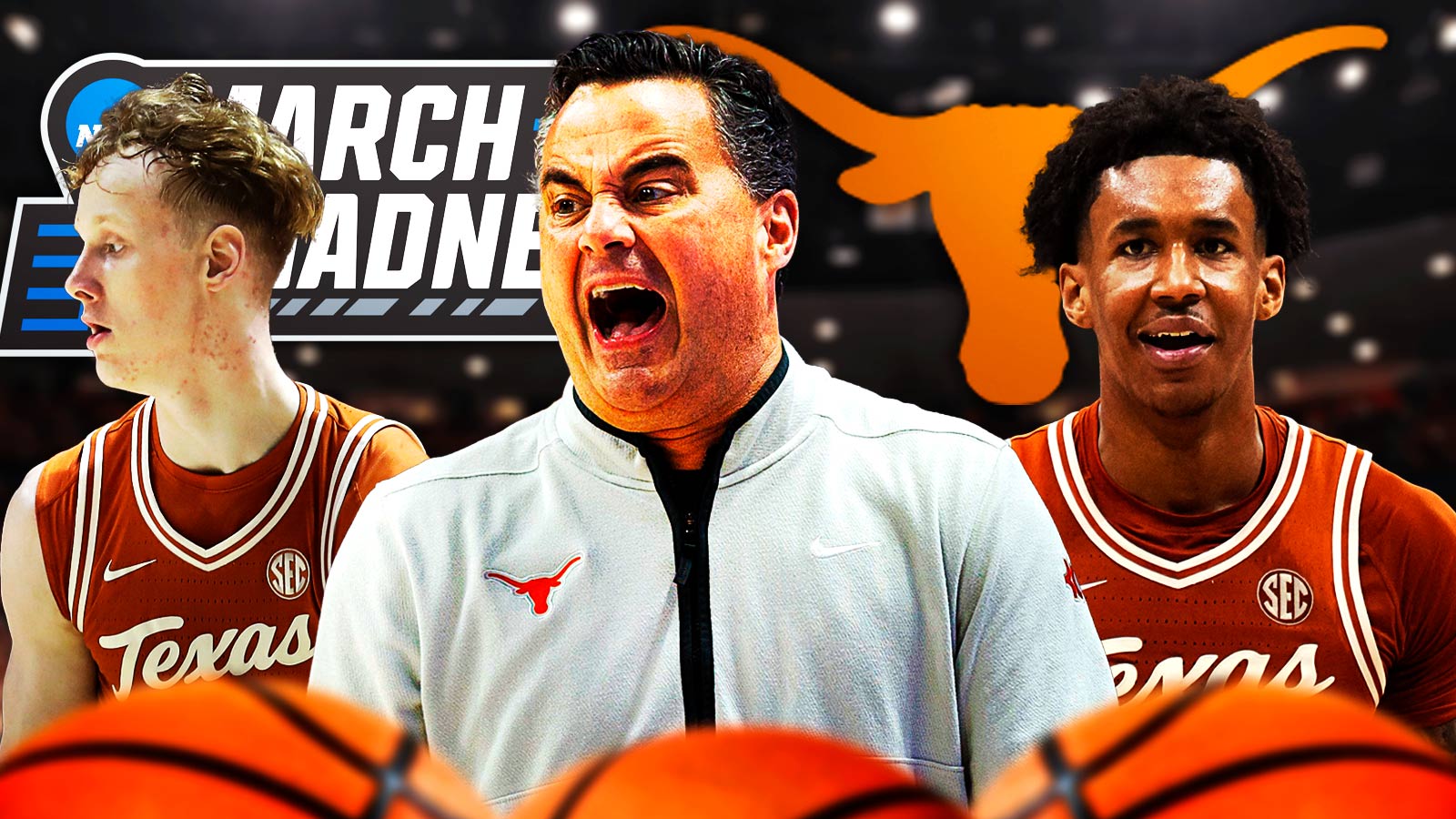 Texas HC Sean Miller (center) with Texas guard Dailyn Swain and Texas center Matas Vokietaitis. Texas Longhorns logo and March Madness logo in background