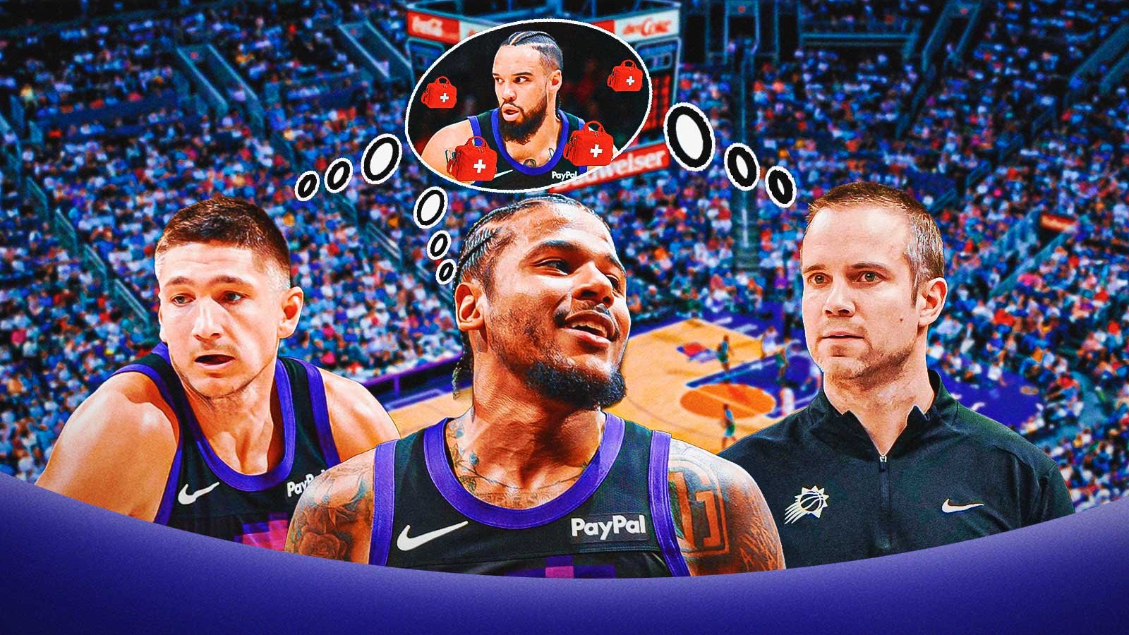 Phoenix Suns players Jalen Green, Jordan Ott, and Grayson Allen with a collective thought bubble of Suns forward Dillon Brooks with first aid kits around him.