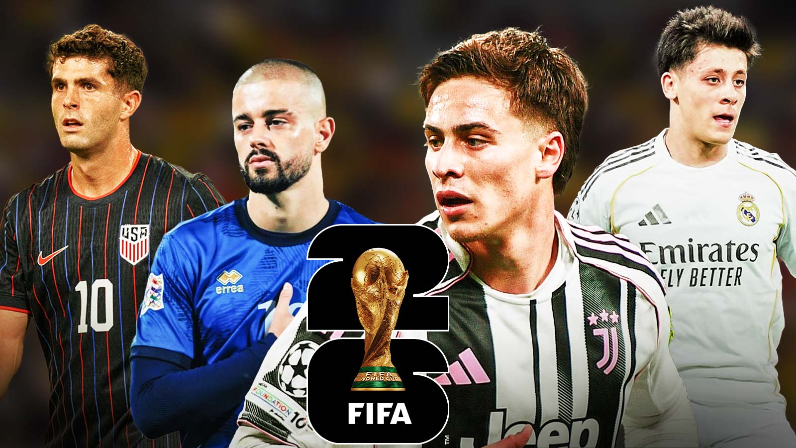 Christian Pulisic (USA jersey), Kenan Yildiz (Juventus), Arda Güler (Real Madrid), Edon Zhegrova (Kosovo), 2026 FIFA World Cup logo