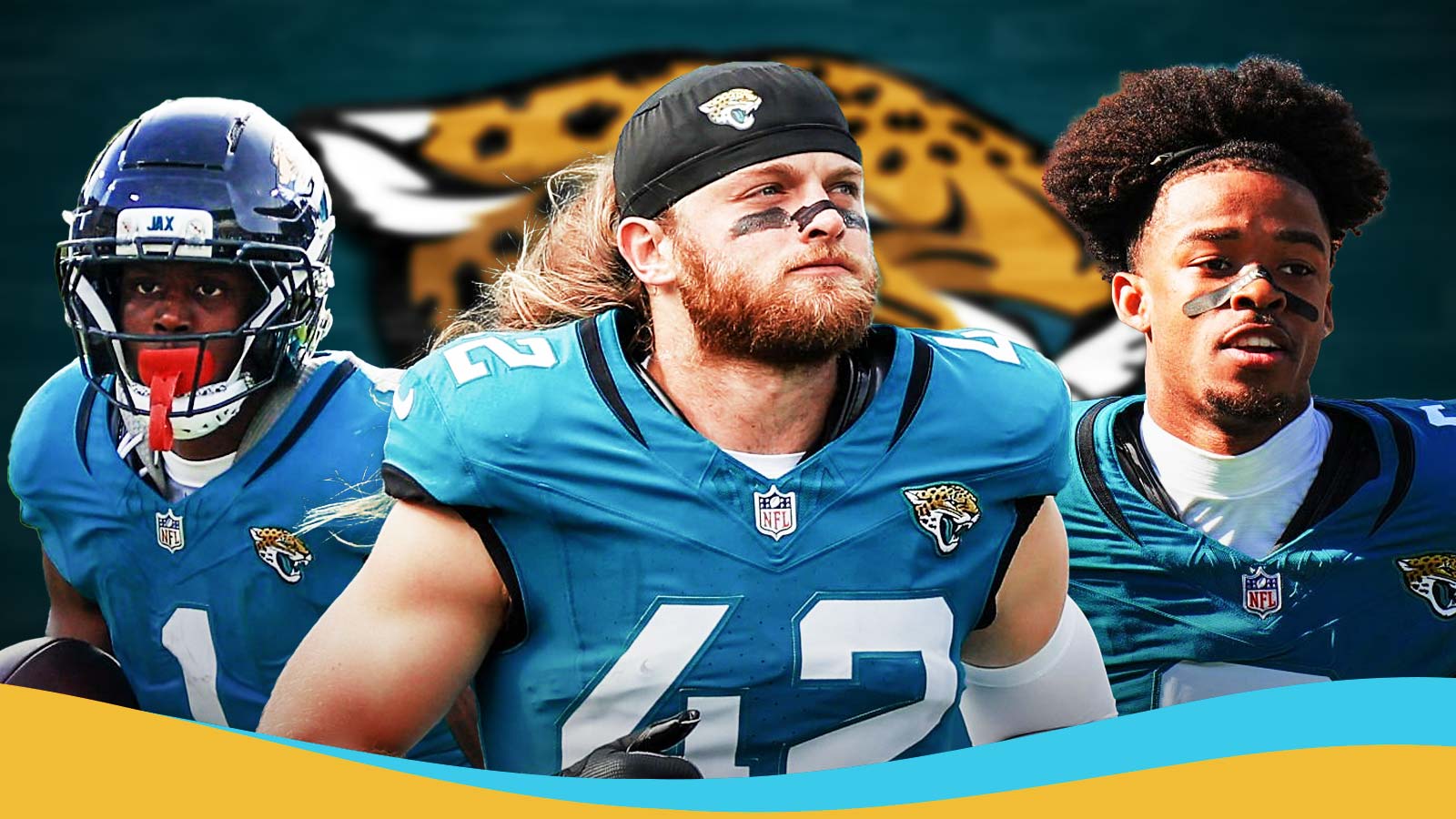 Andrew Wingard, Greg Newsome II, Travis Etienne Jr all beside each other, Jacksonville Jaguars wallpaper in the background